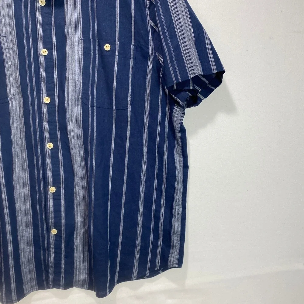 Lucky Brand Linen Blend Stripe Short Sleeve Button Up Mens XL Navy White Shirt - Picture 5 of 9